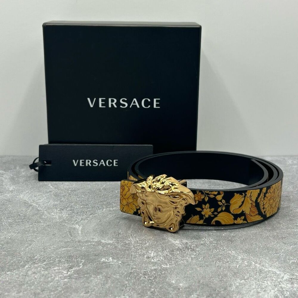 NWT Versace Teens La Medusa Hibiscus Print Reversible Belt Size L With Box